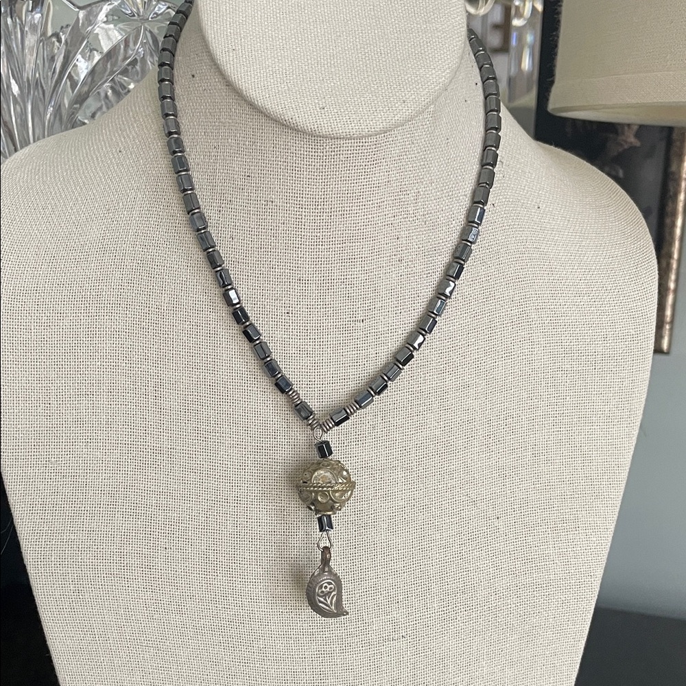 HEMATITE Beaded Pendant Necklace with Silver Accent